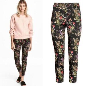 H&M Cigarette Straight Slim Floral Crop Trousers Black Sz 6